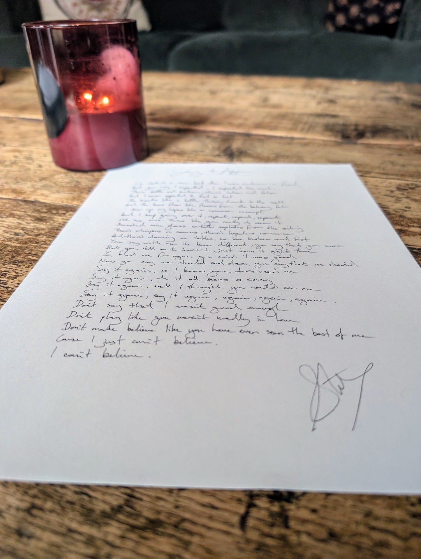 Custom Signed Handwritten Lyric Sheet